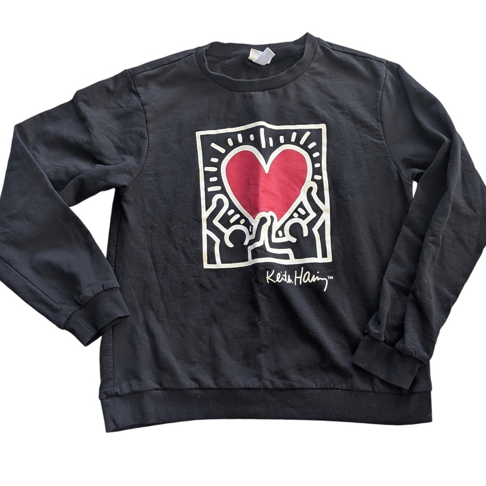 KEITH HARING Heart Graphic Sweatshirt Black Crewneck Pop Art MED Streetwear NYC
